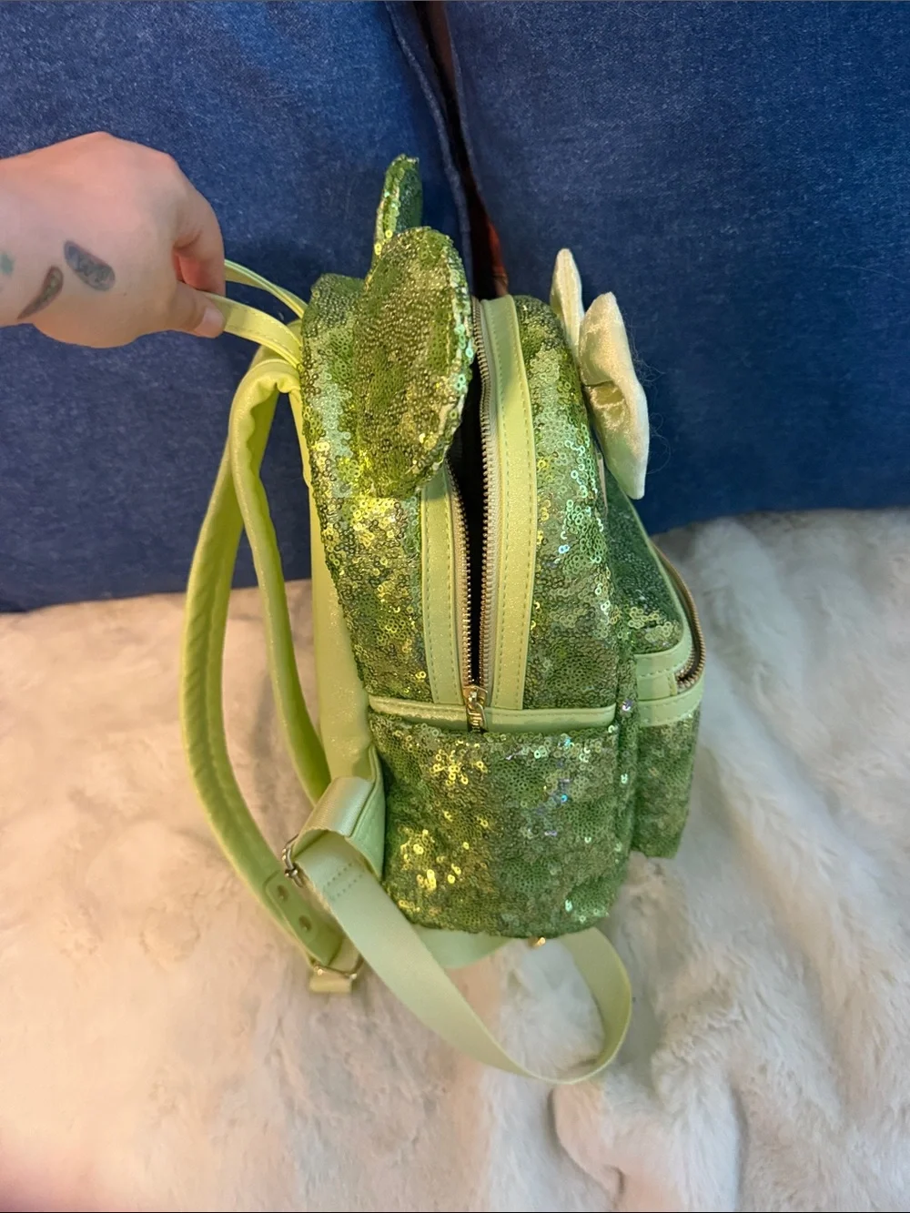 Loungefly Green Sequin Minnie Ear Mini Backpack with Pale Green Bow